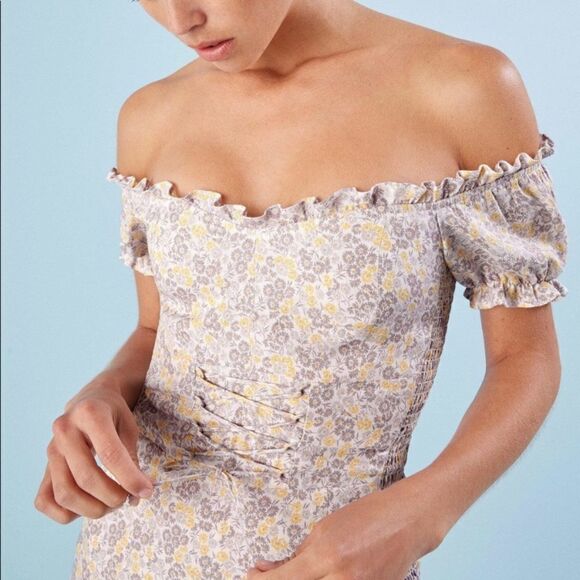 Reformation Miami Mini Cream Purple Dress Floral Shoulder Off Size 2 - Picture 5 of 11